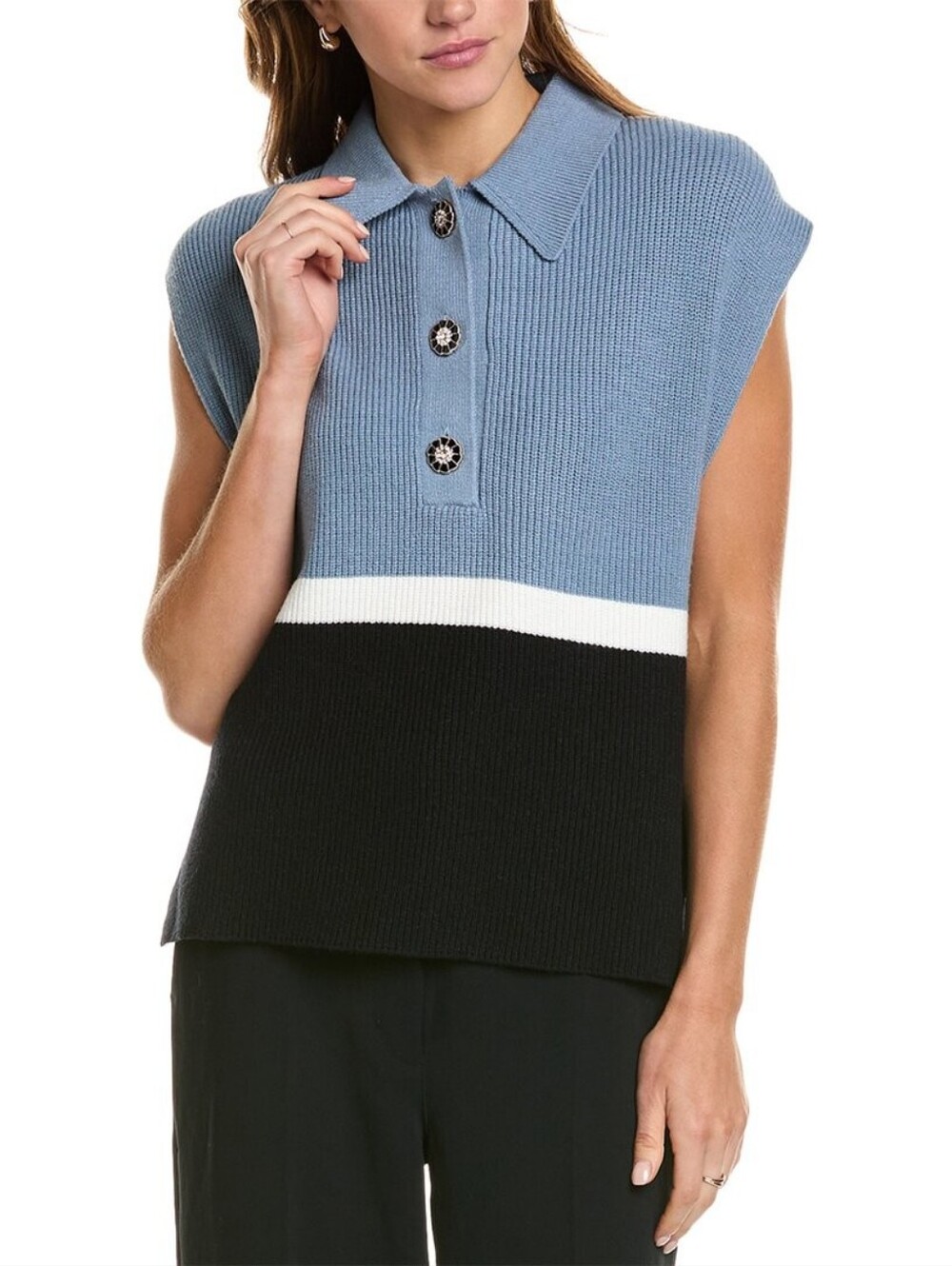 Laundry by Shelli Segal Blue & Black Collared Knit Sweater